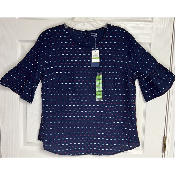 IZOD Size L Red White Blue Button Back Bell Sleeve Multicolored Blouse Women's - Picture 1 of 8